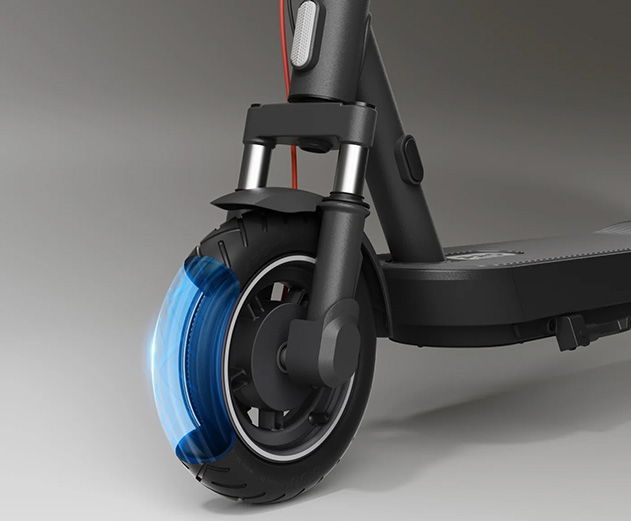 Close-up of the Xiaomi 5 Pro electric scooter's front tubeless tire.