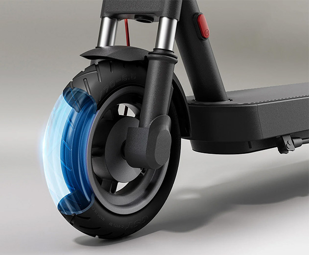 Close-up of the Xiaomi 5 electric scooter's front tubeless tire.