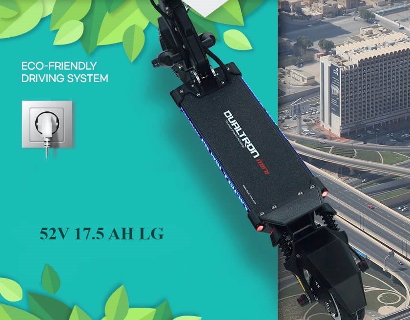 Top-down view of a Dualtron Mini Dual Brake electric scooter positioned against a split background showing a green eco-themed design on one side and a cityscape with roads and buildings on the other.