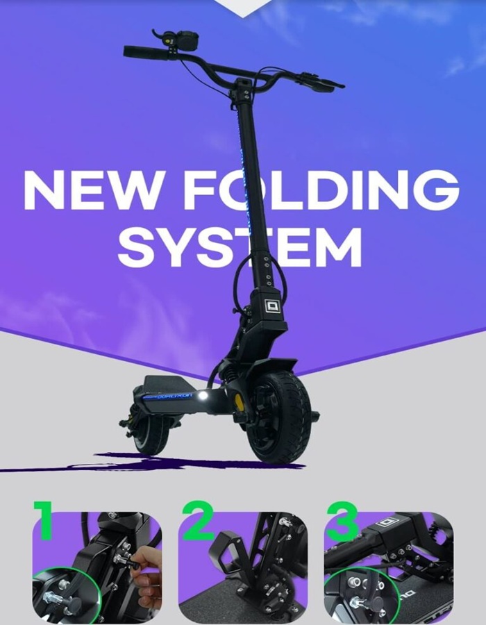 Dualtron Mini Dual Brake electric scooter showcased against a purple background, highlighting its upgraded folding mechanism. The main image shows the full scooter, while three smaller panels below display close-ups of the folding components and latch system in use.