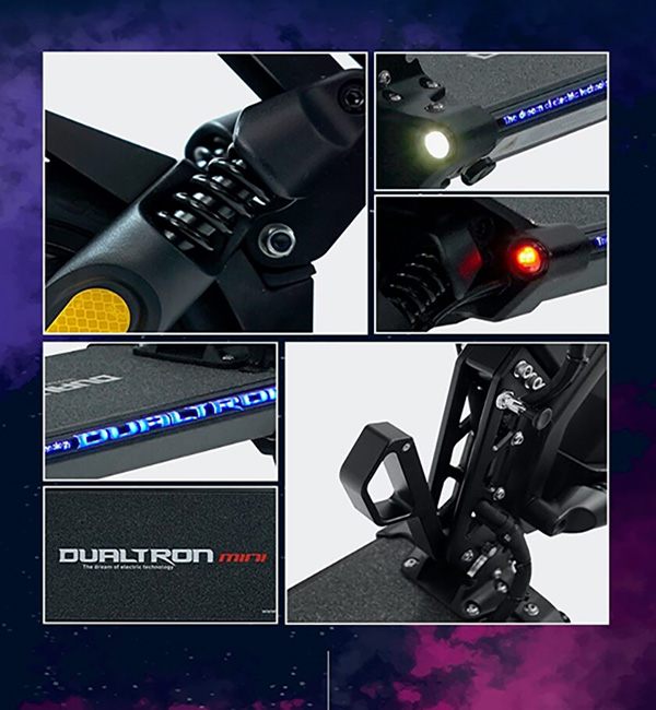 Collage of close-up images showing features of the Dualtron Mini Dual Brake electric scooter, including its spring suspension, LED deck lights, front and rear lights, sturdy folding mechanism and deck.