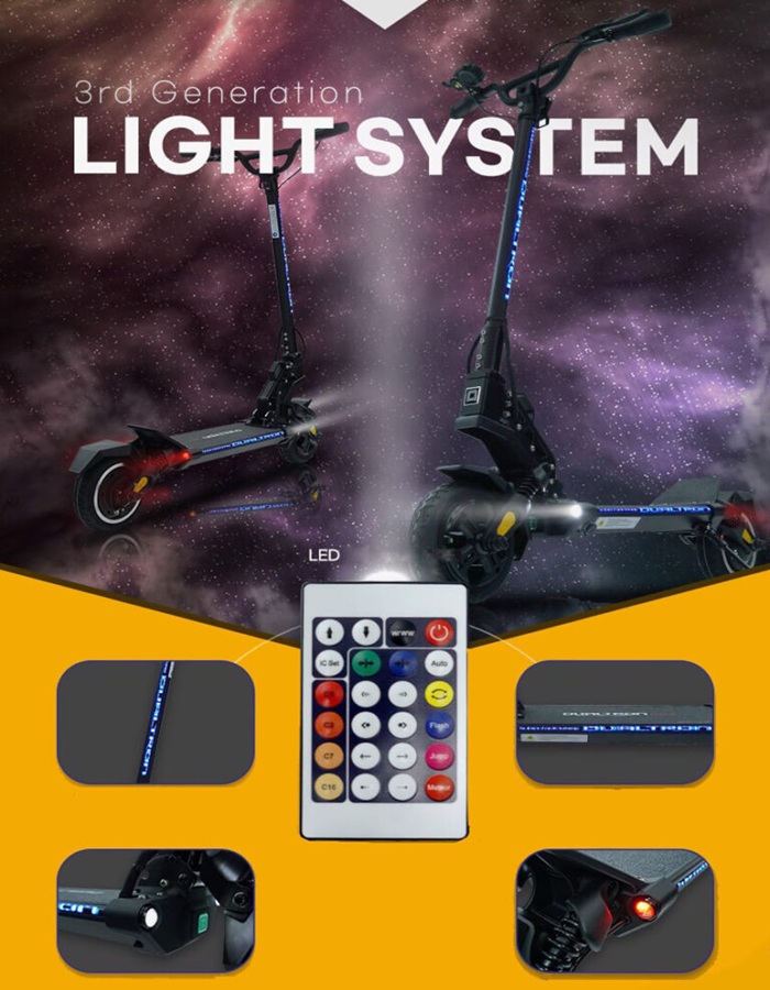 Two Dualtron Mini Dual Brake electric scooters displayed in a cosmic-themed background, showcasing advanced LED lighting along the stem and deck. A remote control is shown in the center, surrounded by close-up images of the scooter’s front light, deck LEDs, and rear light.