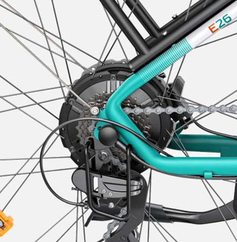 Close-up of the Engwe E26 electric bicycle Shimano-7 Speed gear system.