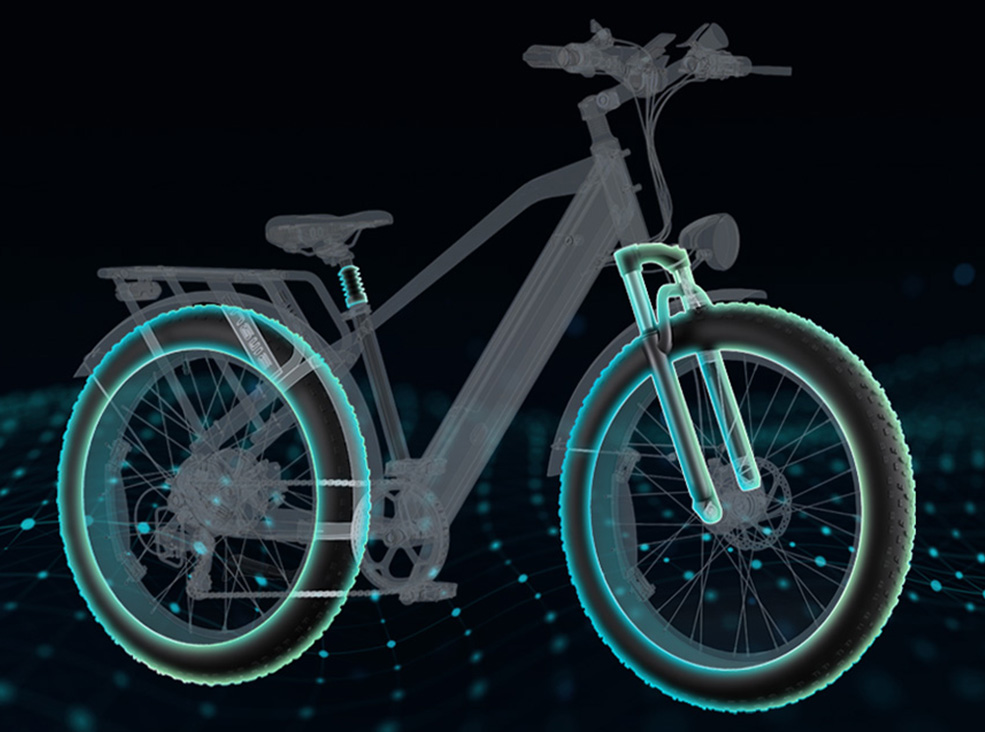 Engwe E26 suspension Illustrative image of the Engwe E26 suspension rear and front suspension system.
