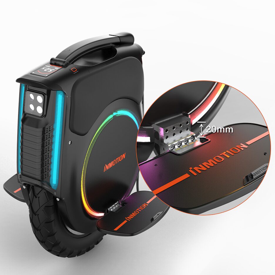 Inmotion V12 electric unicycle with RGB side lighting and extended pedals, shown alongside a close-up inset highlighting the 20 mm pedal hinge adjustment mechanism.