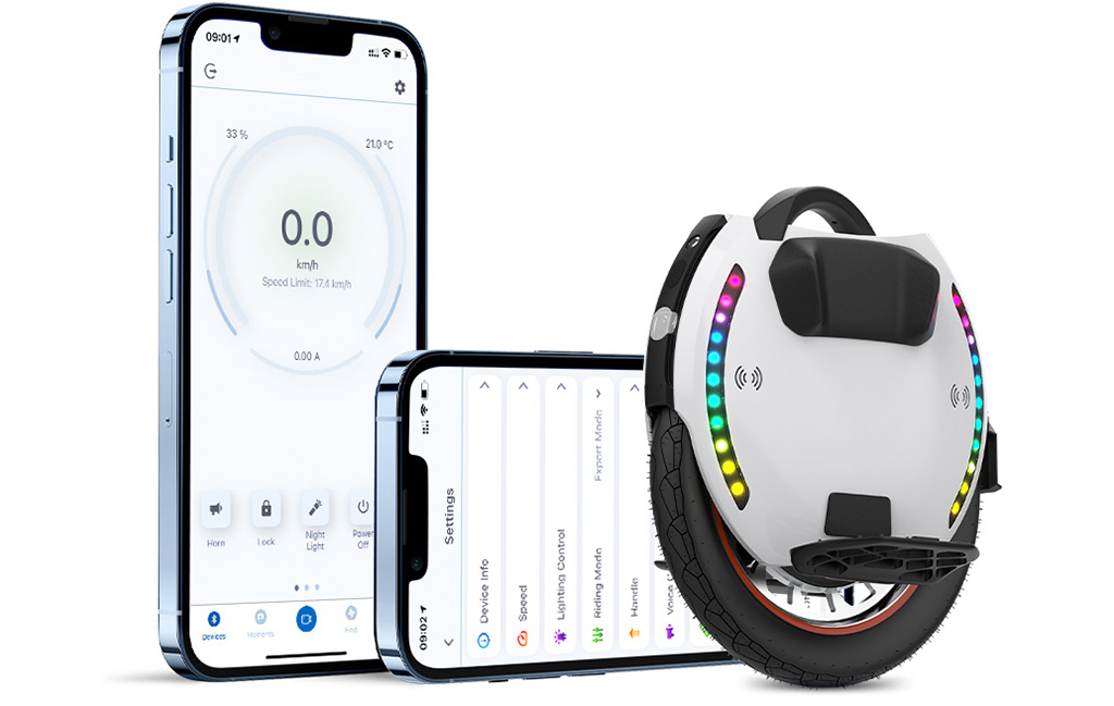 Illustrative image of the Kingsong KS-18L electric unicycles app interface.