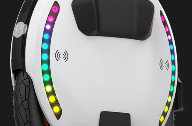 Close-up image of the Kingsong KS-18L side RGB lights.