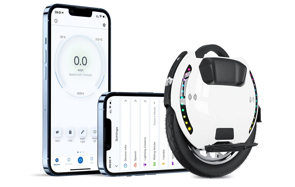 Illustrative image of the Kingsong KS-18XL electric unicycles app interface.