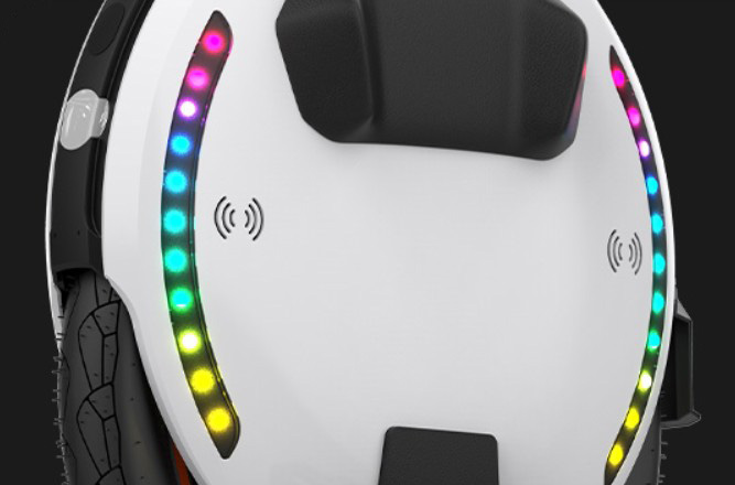 Close-up image of the Kingsong KS-18XL side RGB lights.