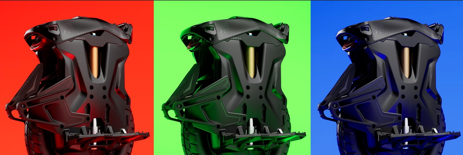 Illustrative image of the Nosfet AERO electric unicycle's RGB colors.