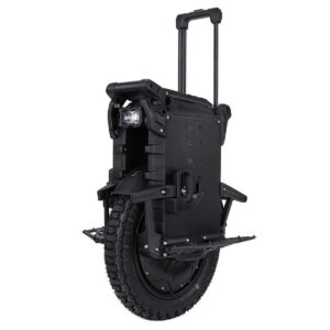 Left side angled view of the Veteran Patton S electric unicycle with its telescopic handle out.