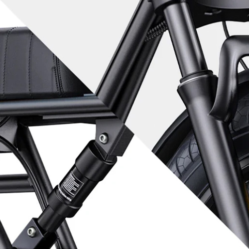 Close up view of the ENGWE M1 electric bike dual suspension system.