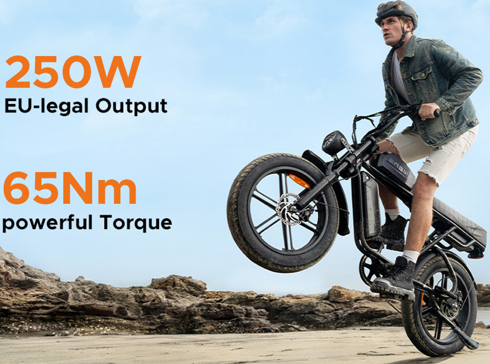 Man performing a wheelie on the black ENGWE M1 fat-tire electric bike on rocky terrain, with text highlighting “250W EU-legal output” and “65Nm powerful torque.”