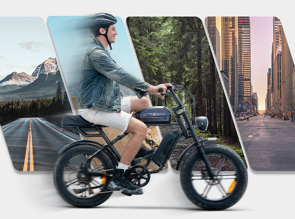 Illustrative image showing the Engwe M1 electric bike rideability on any terrain
