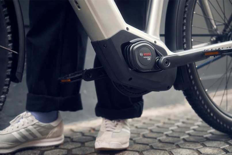 Close-up of the Riese & Müller Charger5 Vario T electric bike's Bosch mid-motor.